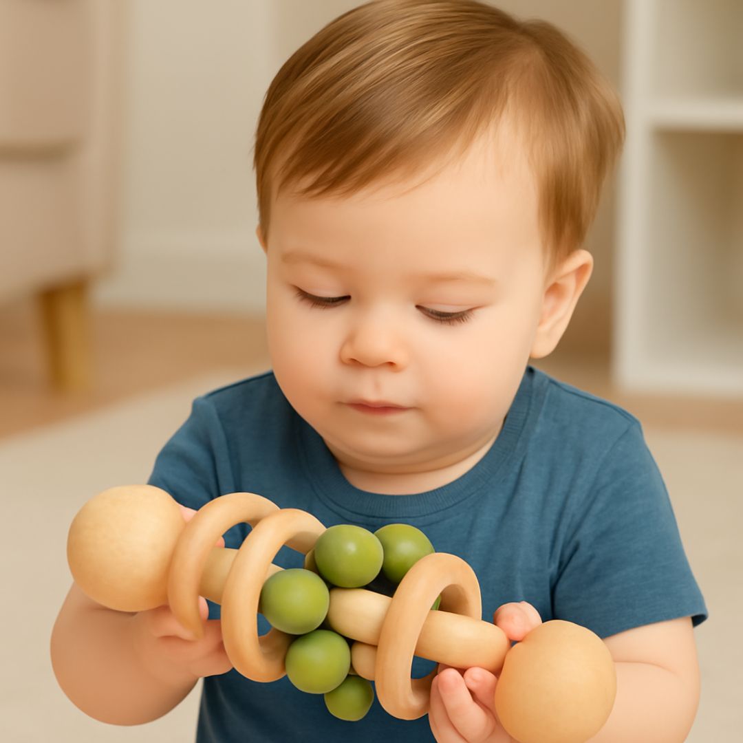 Baby Holzrassel mit Beißringen